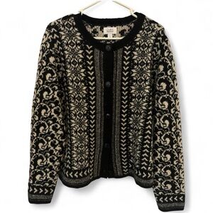 Croft & Barrow Black Cream Knit Cardigan Sweater Large Cozy Classic